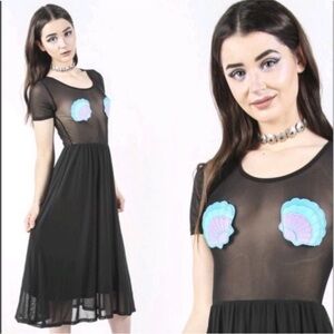 NEW! Iron Fist Mermaid For Life Sheer Black Midi Dress 5X Turquoise Blue Shells